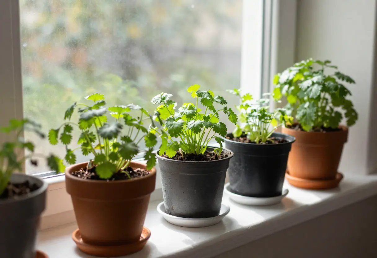 How to Grow Cilantro Indoors – healthy cilantro plant growing in a sunny kitchen windowsill