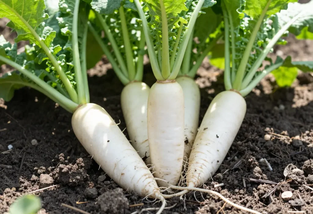 How to Grow Daikon Radish – close-up of young daikon radish seedlings emerging from soil