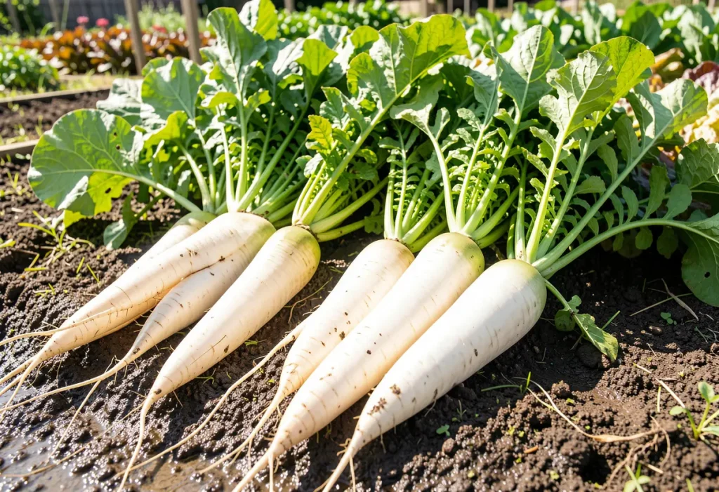 How to Grow Daikon Radish – hands thinning daikon radish sprouts for healthy growth