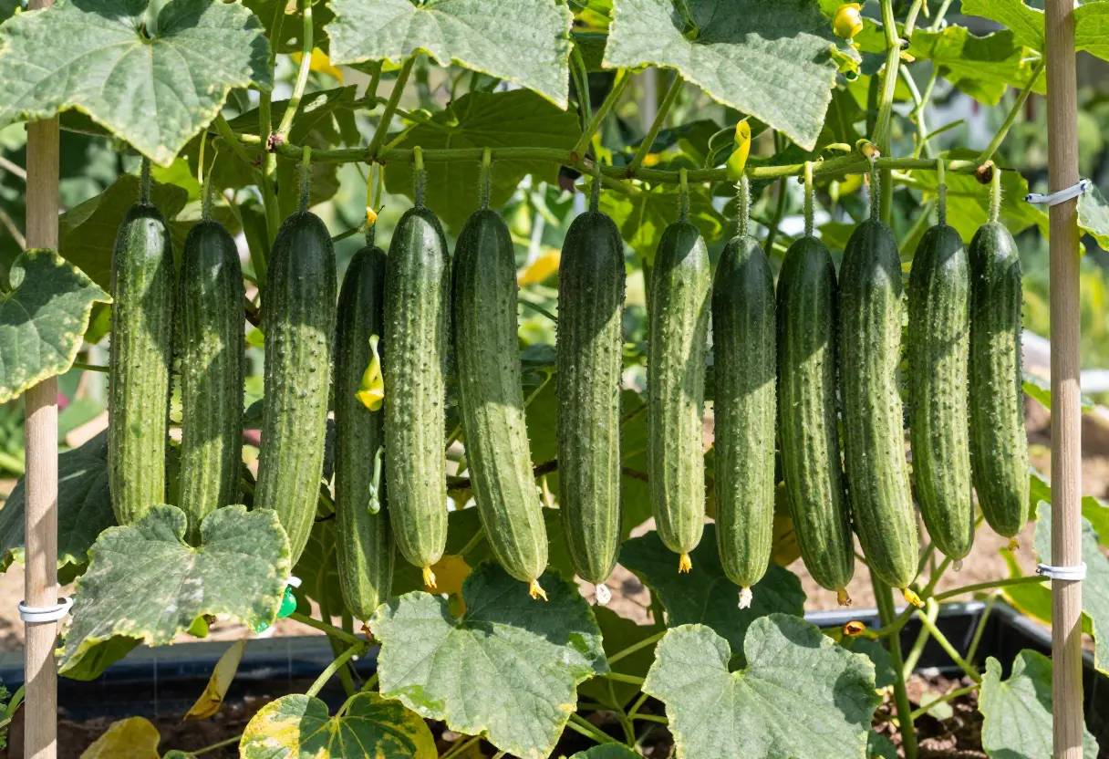 How to Grow English Cucumbers: Long, smooth English cucumbers growing on healthy vines in a garden.