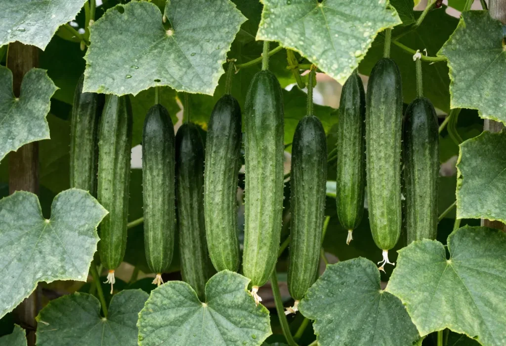 Close-up of English cucumbers forming on vines, illustrating How to Grow English Cucumbers successfully.