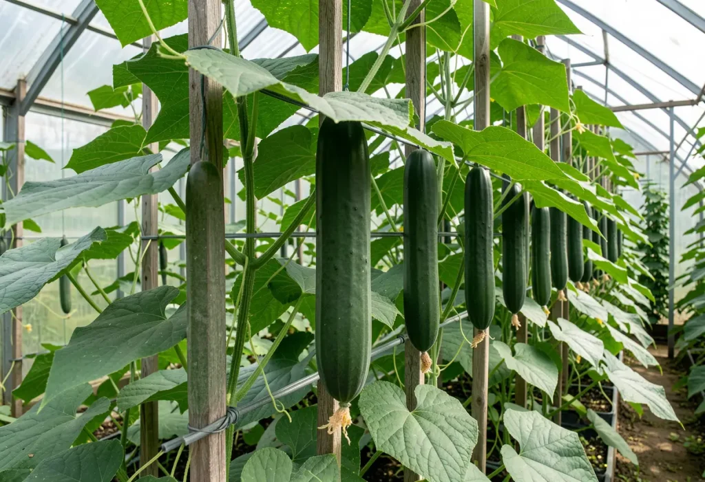 Step-by-step guide showing How to Grow English Cucumbers on a trellis for straight fruits.