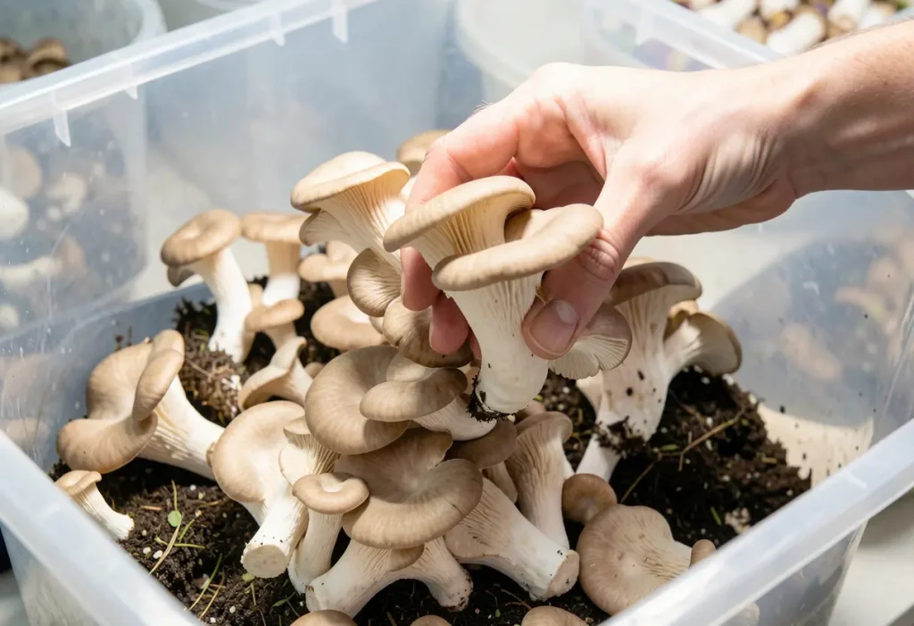 How to Grow Oyster Mushrooms – indoor setup with trays of oyster mushrooms growing at home