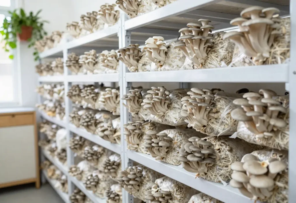 How to Grow Oyster Mushrooms – close-up of oyster mushrooms sprouting from a substrate block