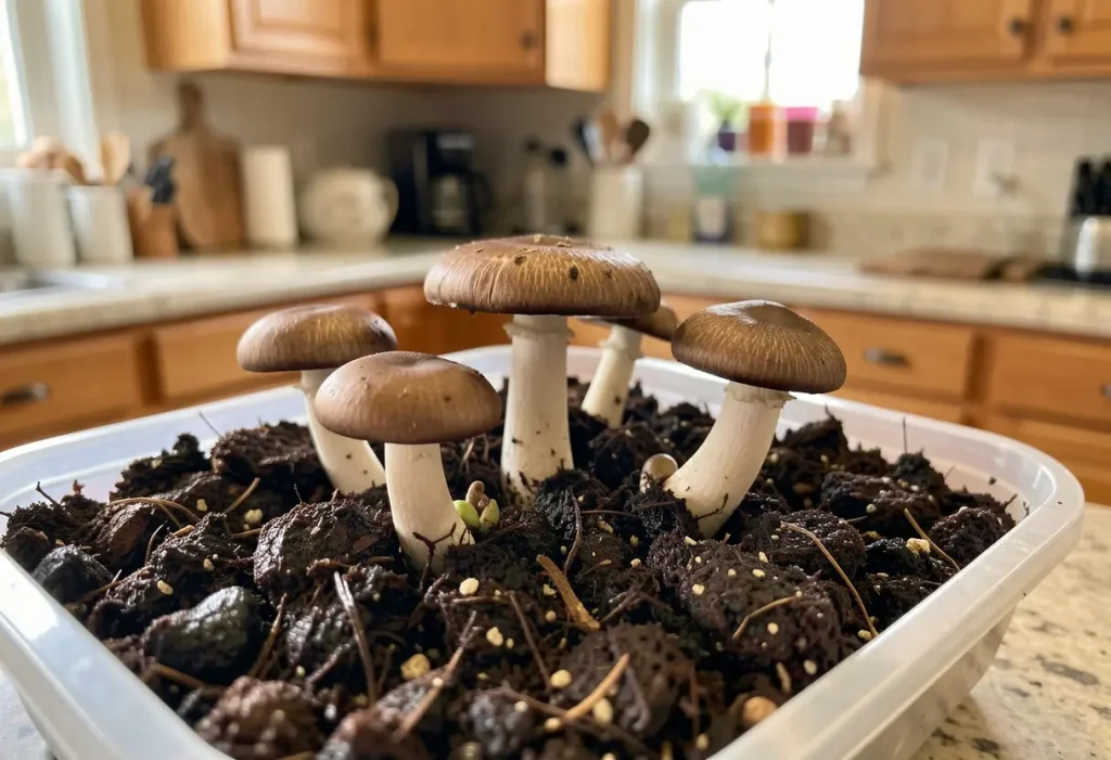 How to Grow Portobello Mushrooms: Large portobello mushrooms sprouting from compost substrate at home.