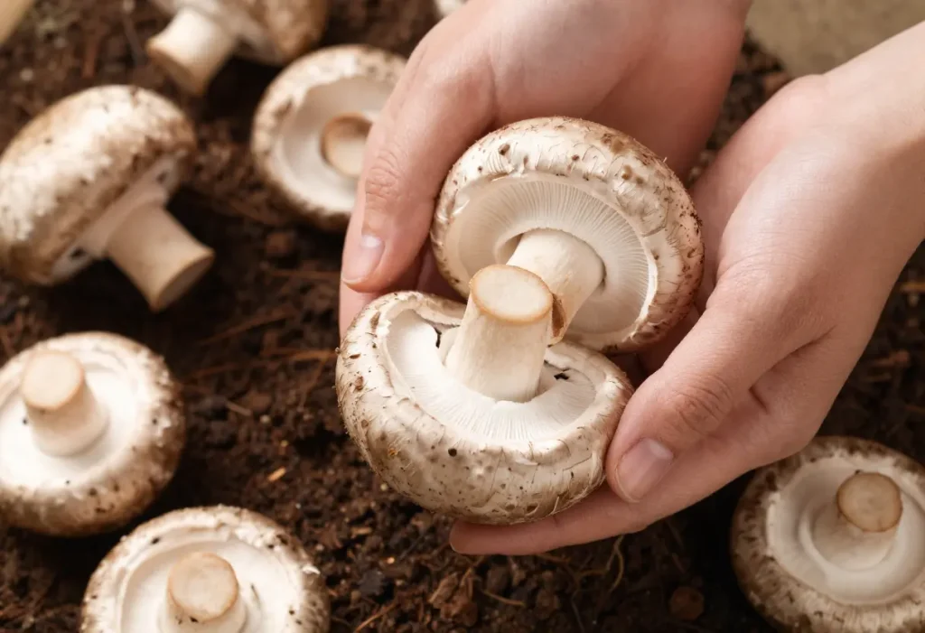 How to Grow Portobello Mushrooms: Close-up of mature mushroom caps ready for harvesting.