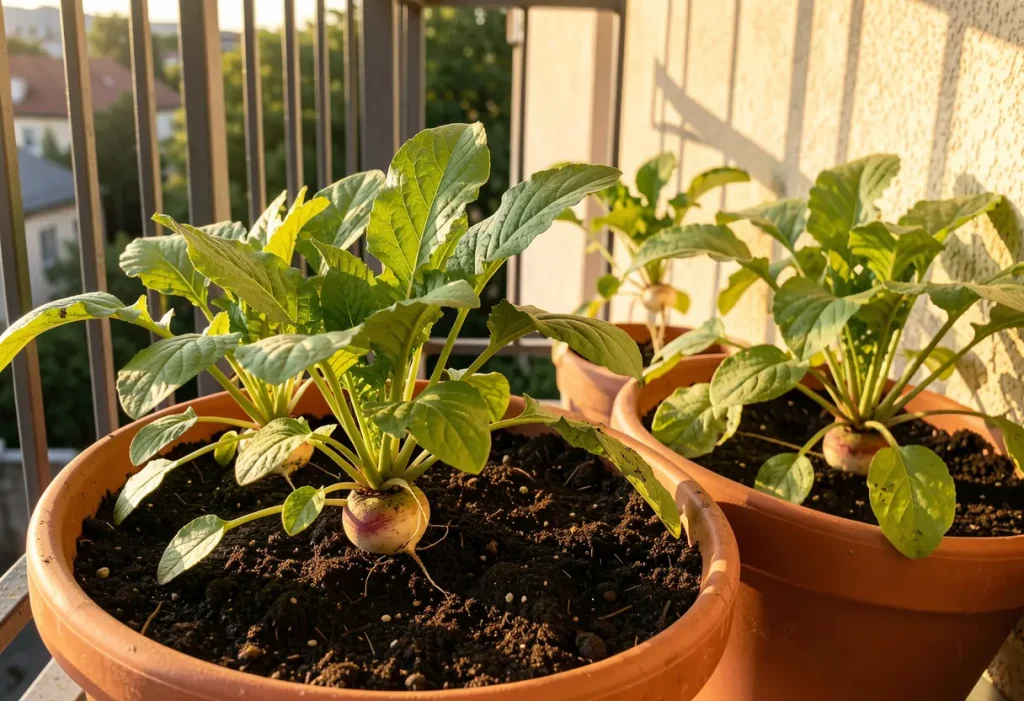 How to Grow Radishes in Pots: Close-up of radish roots developing in deep pots.