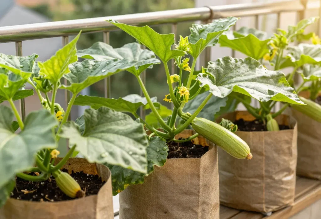 How to Grow Zucchini in Pots – healthy zucchini plant growing in a large patio container