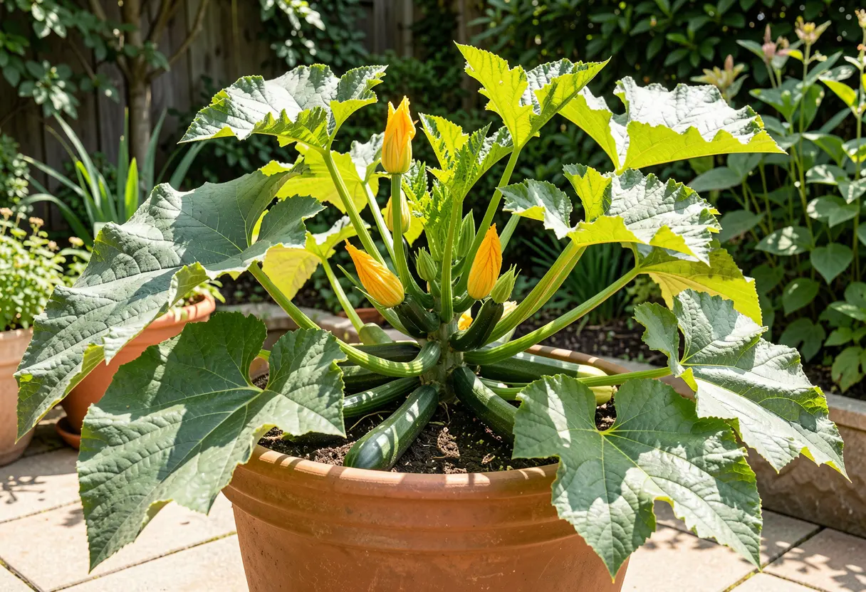 How to Grow Zucchini in Pots – close-up of zucchini fruit forming on container plant