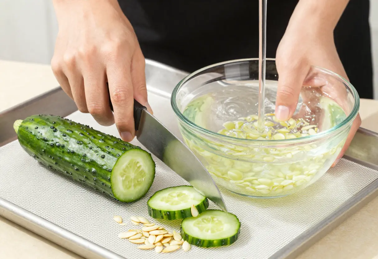 Step-by-step guide illustrating How to Harvest Cucumber Seeds from homegrown cucumbers.