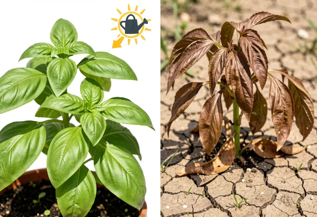 How to Keep a Basil Plant Alive: Healthy basil plant thriving in a sunny indoor pot with proper watering.