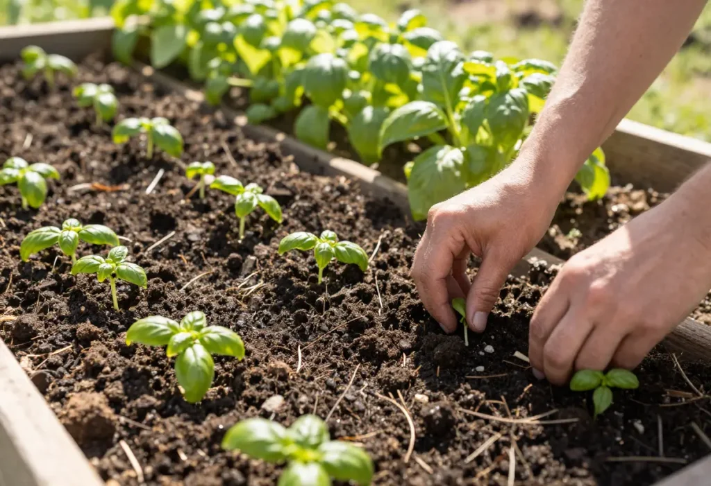 How to Plant Basil Seeds: Close-up of hands sowing tiny basil seeds into seed trays with moist soil.