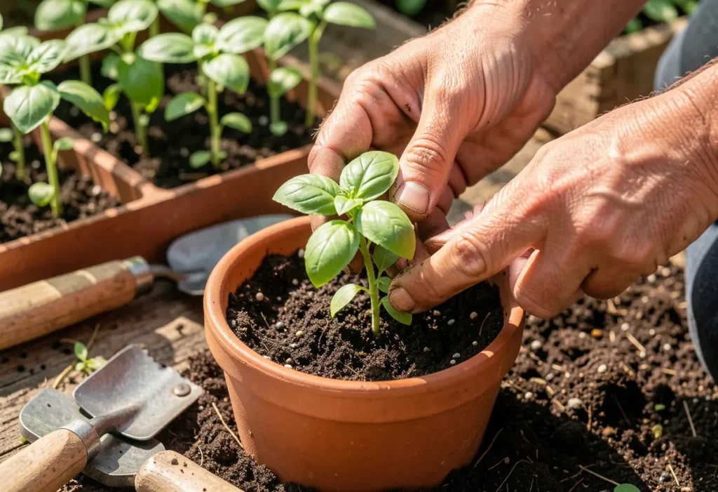 Container gardening setup illustrating How to Plant Basil Seeds successfully on a windowsill.