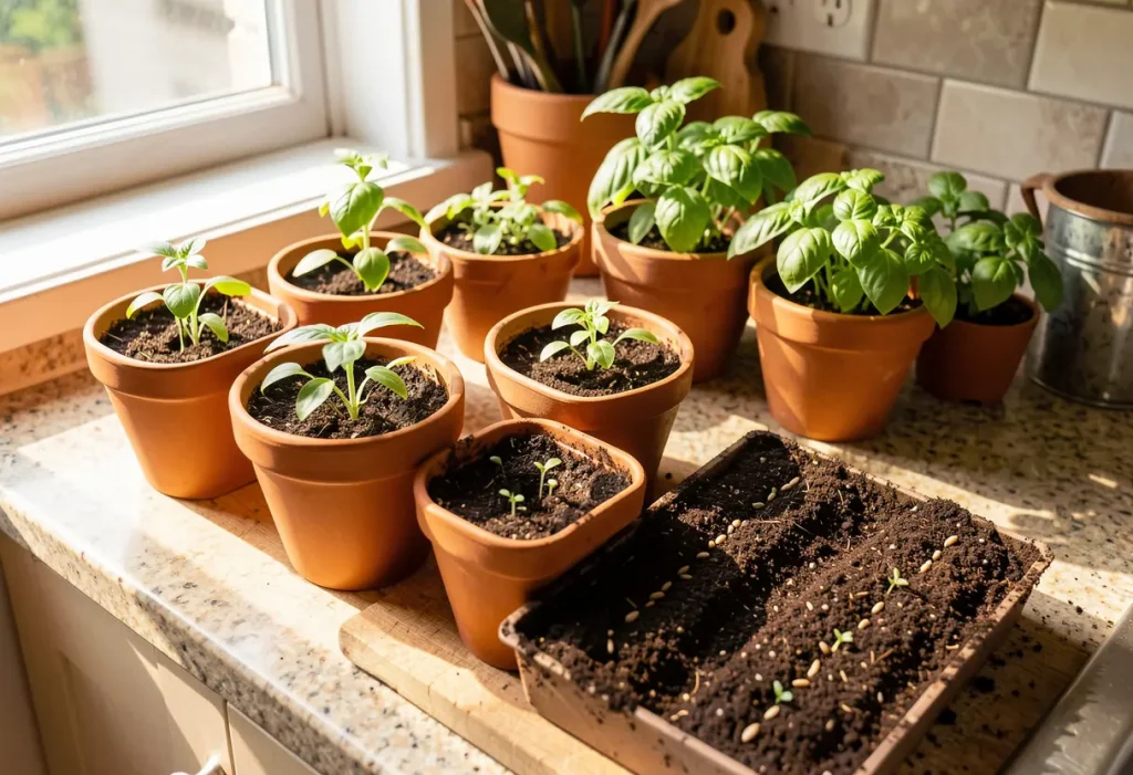 How to Plant Basil Seeds Indoors: Seedlings beginning to sprout in containers with proper indoor lighting.