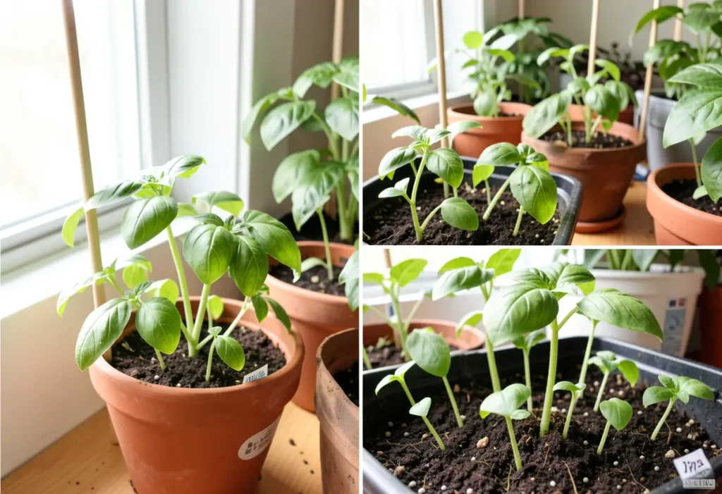 How to Plant Basil Seeds Indoors: Close-up of tiny basil seeds being sown in seed trays with moist soil.