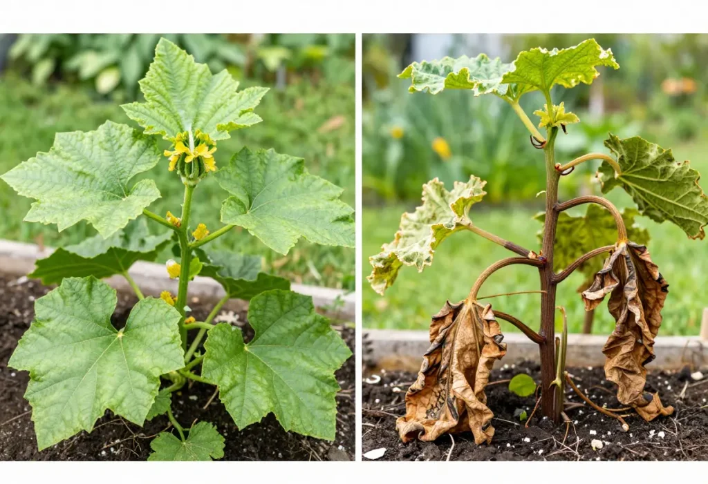 How to Prevent Squash Vine Borer – hands inspecting squash plant for vine borer damage