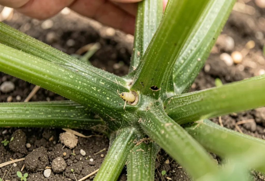 How to Prevent Squash Vine Borer – applying organic treatment to squash plant stems in garden