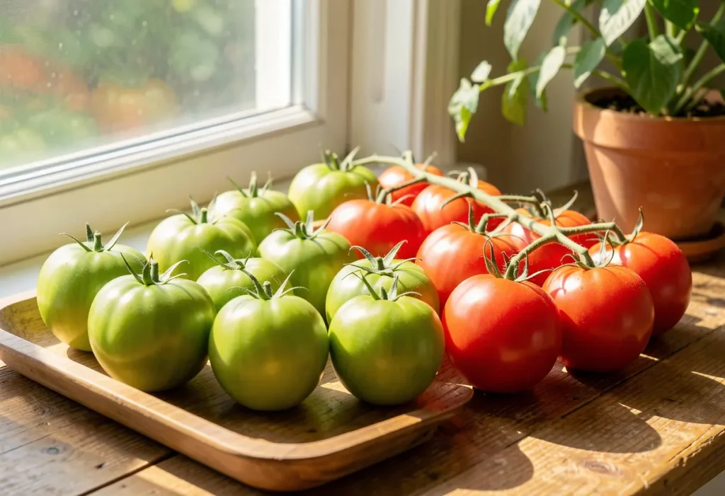 How to Ripen Green Tomatoes: Green tomatoes placed in a paper bag with apples to speed up ripening.
