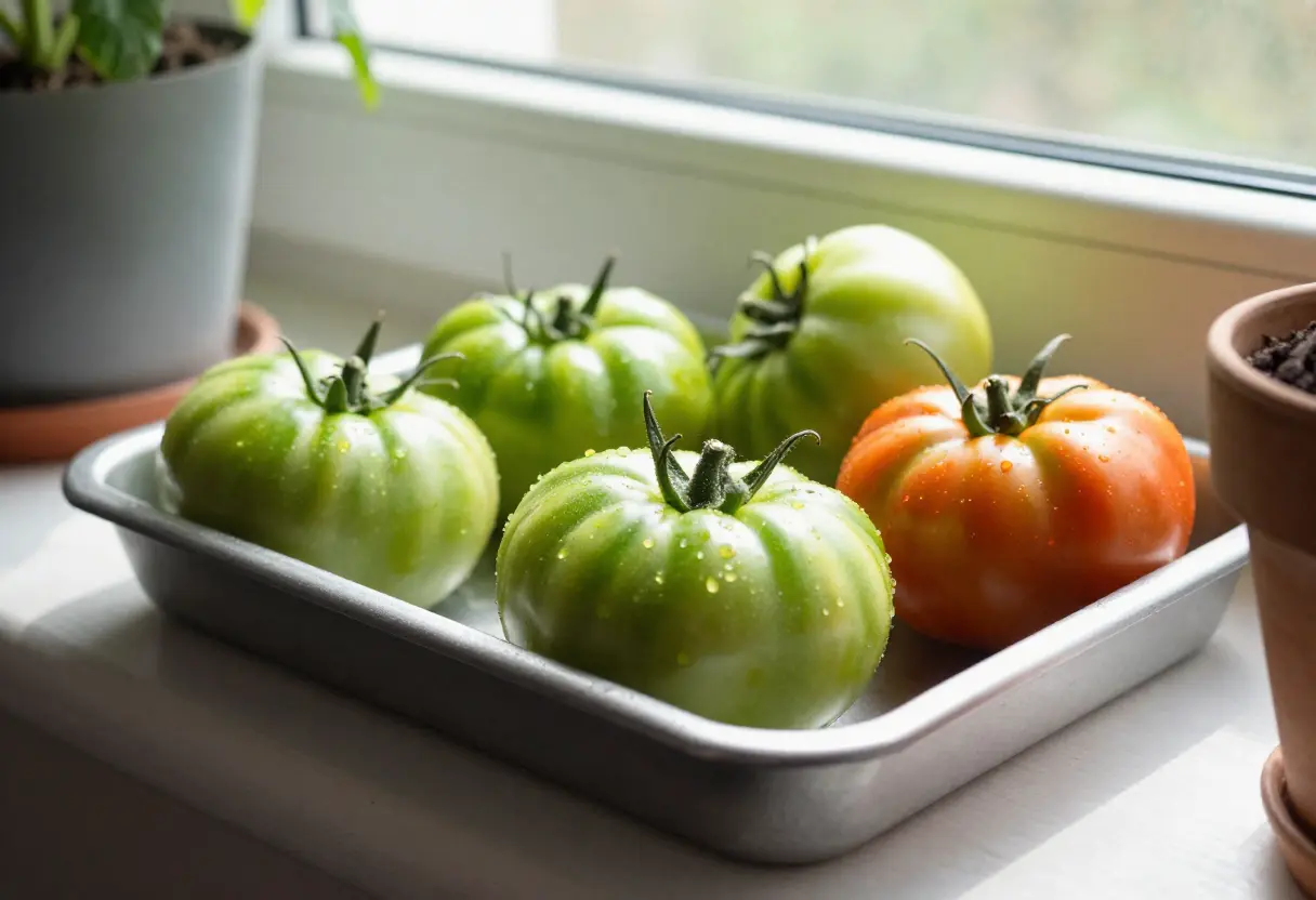 Indoor setup illustrating How to Ripen Green Tomatoes naturally using ethylene-producing fruits.