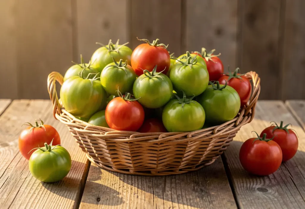 How to Ripen Green Tomatoes: Close-up of tomatoes turning from green to red indoors.