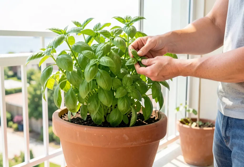 How to Trim Basil – healthy basil plant after trimming for bushier growth