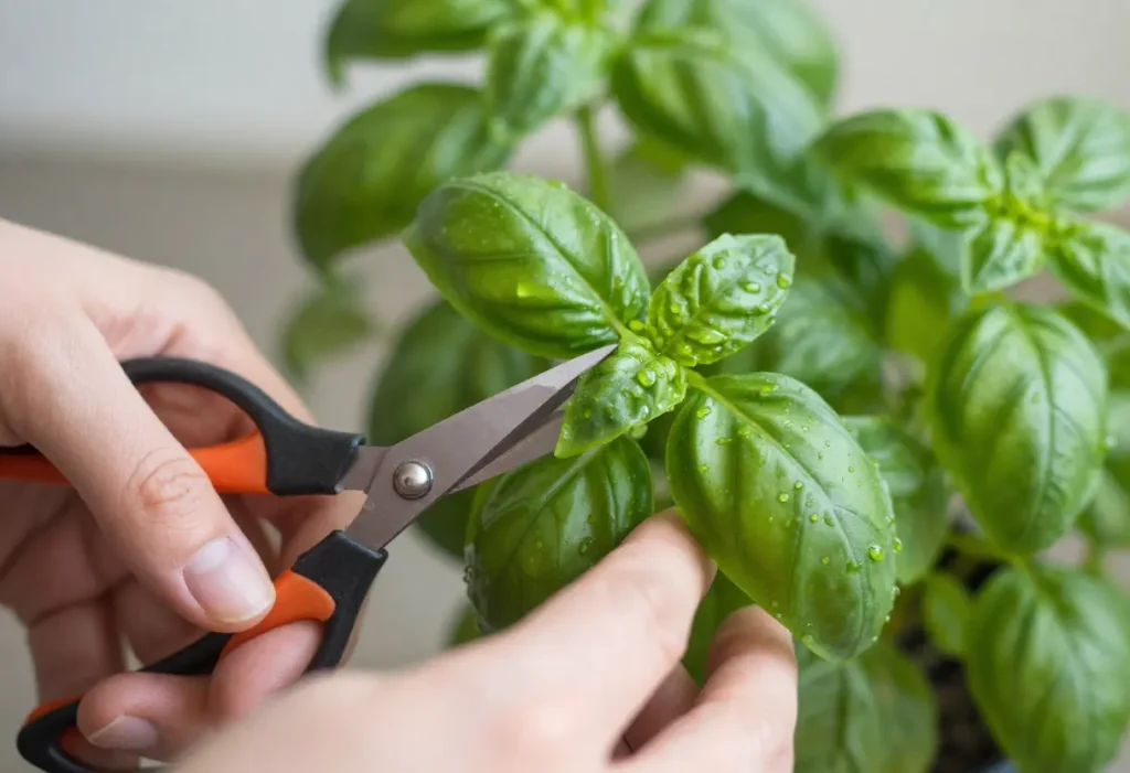 How to Trim Basil – gardener cutting fresh basil leaves from indoor pot