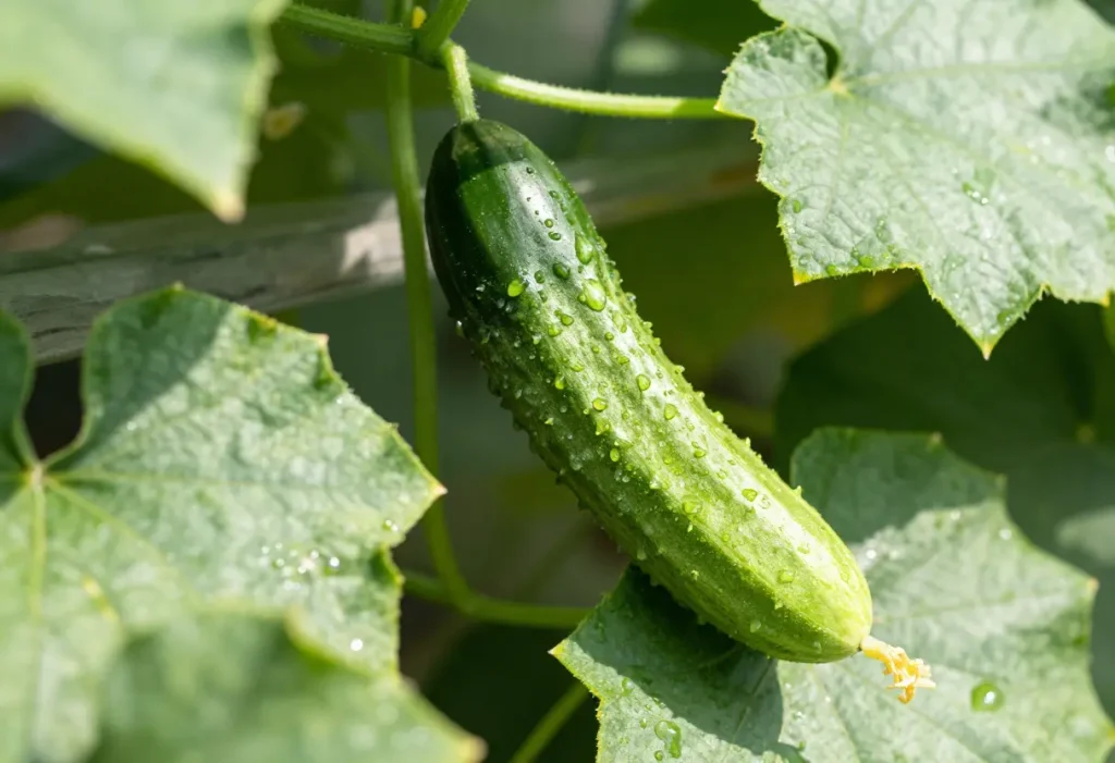 Japanese Cucumber When to Pick: Close-up of a slender Japanese cucumber ready for harvest.