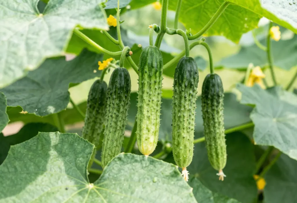 Japanese Cucumber When to Pick: Garden view with mature cucumbers ready to be picked.