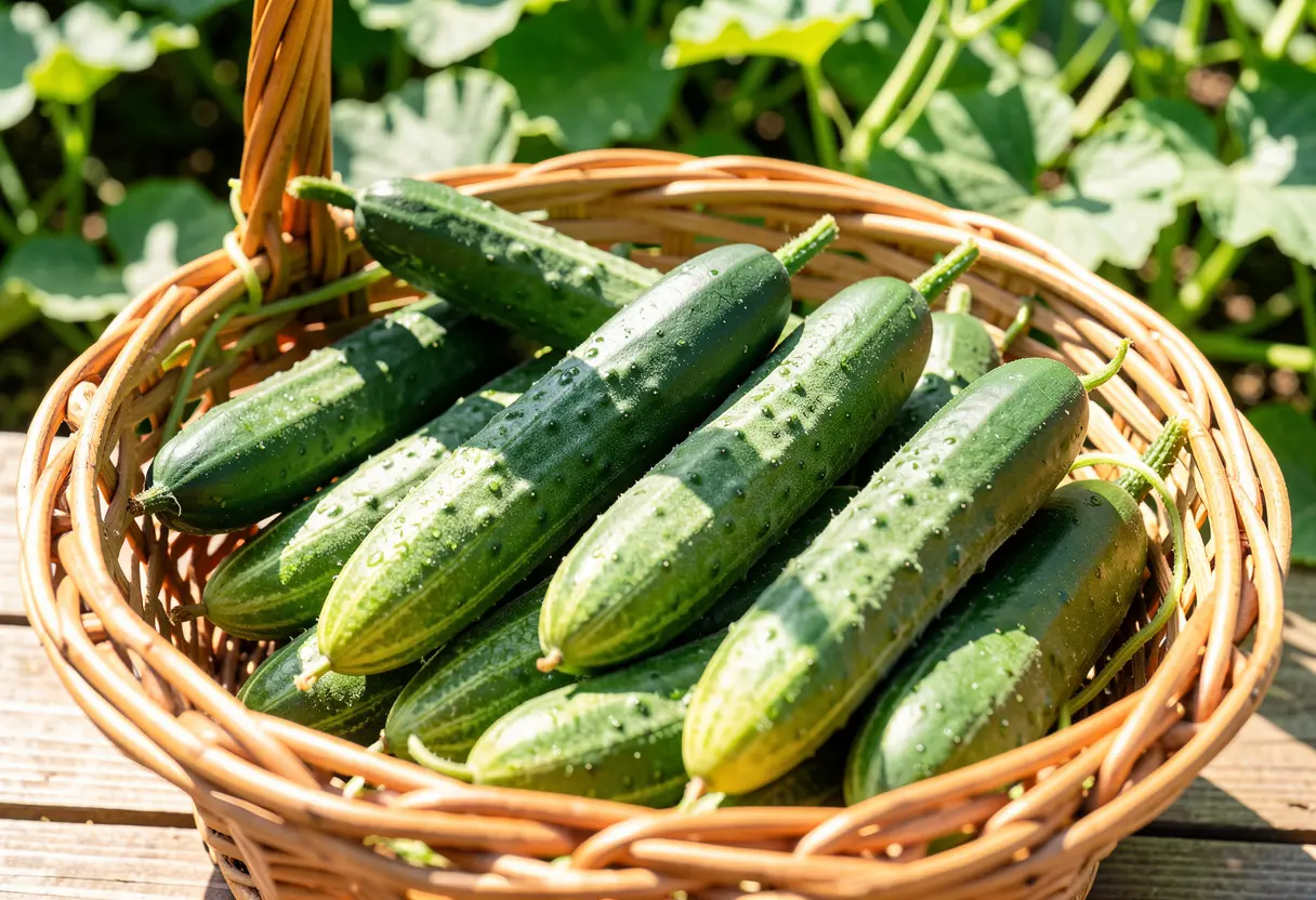 Japanese Cucumber When to Pick: Healthy vine with properly sized cucumbers for harvesting.