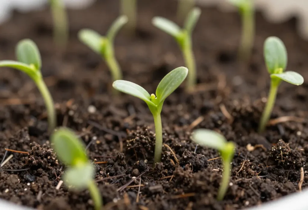 Life Cycle of Cucumber – young cucumber seedlings growing in garden soil