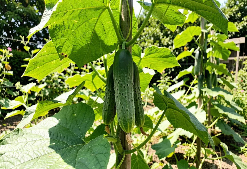 Life Cycle of Cucumber – hands harvesting ripe cucumbers from vine