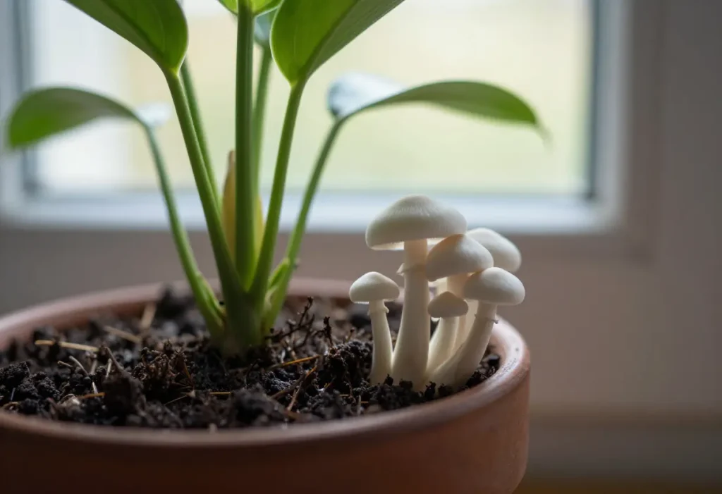 Mushrooms Growing Indoor Plants – close-up of mushrooms growing in moist potting soil indoors
