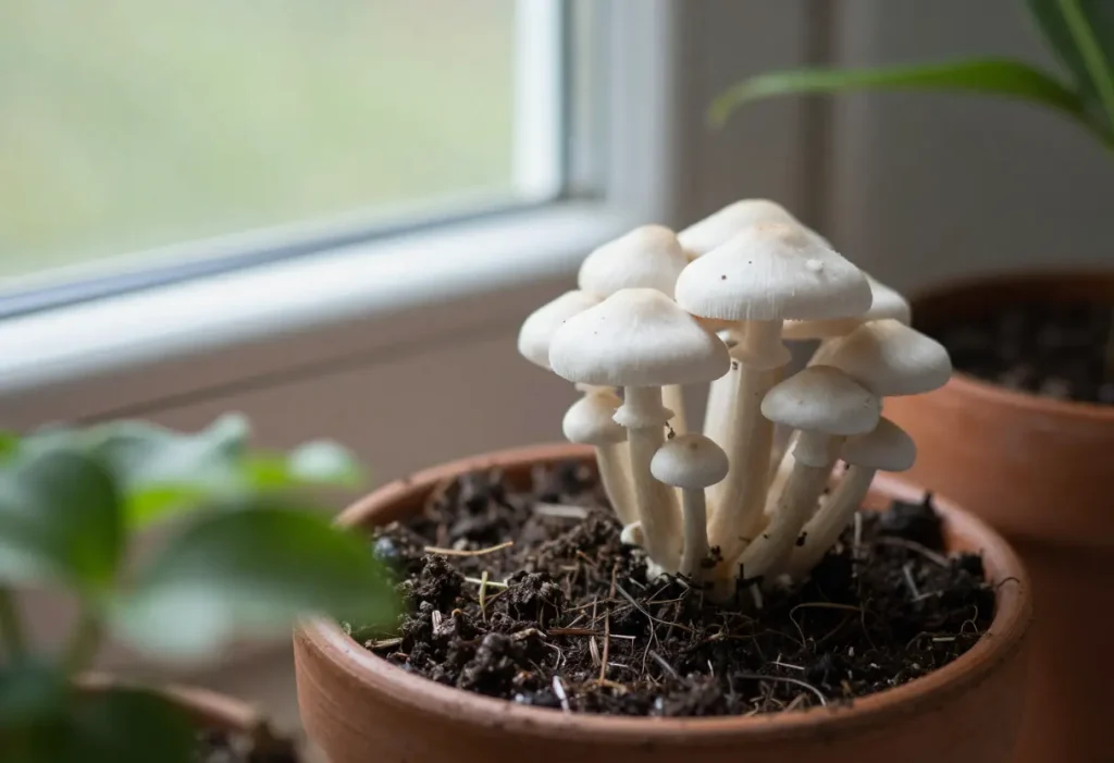 Mushrooms Growing Indoor Plants – yellow mushrooms appearing beside indoor potted plant