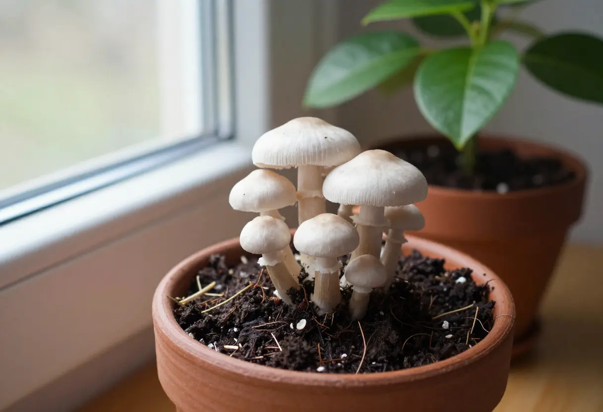 Mushrooms Growing Indoor Plants – small mushrooms sprouting in indoor houseplant pot