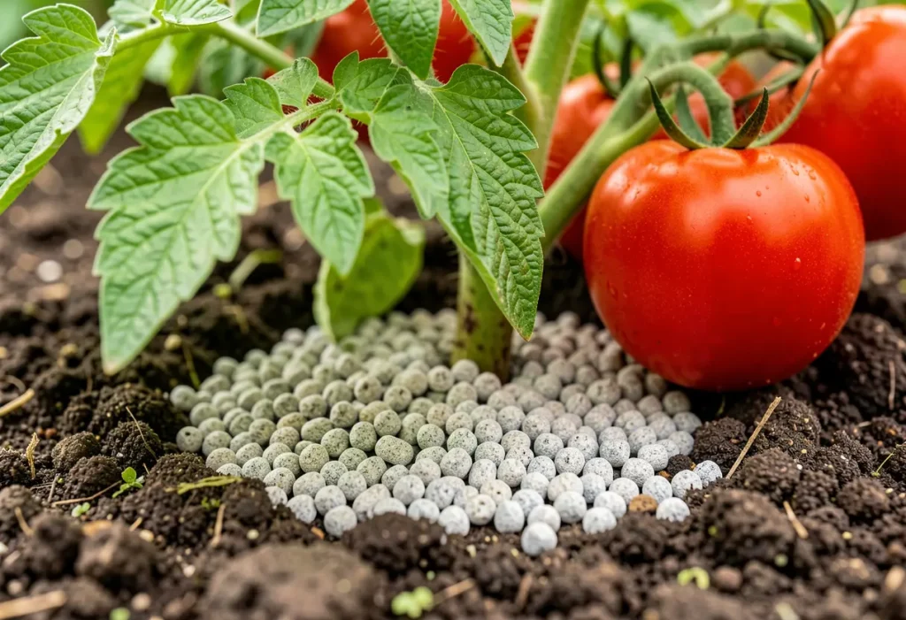 Nitrogen Fertilizer for Tomato Plants: Applying nitrogen-rich fertilizer to young tomato seedlings for healthy leaf growth.