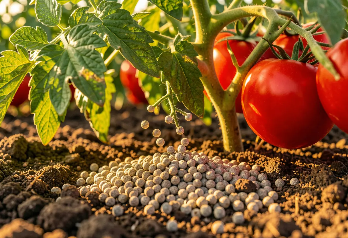 Close-up of hands spreading Nitrogen Fertilizer for Tomato Plants around stems in a garden bed.