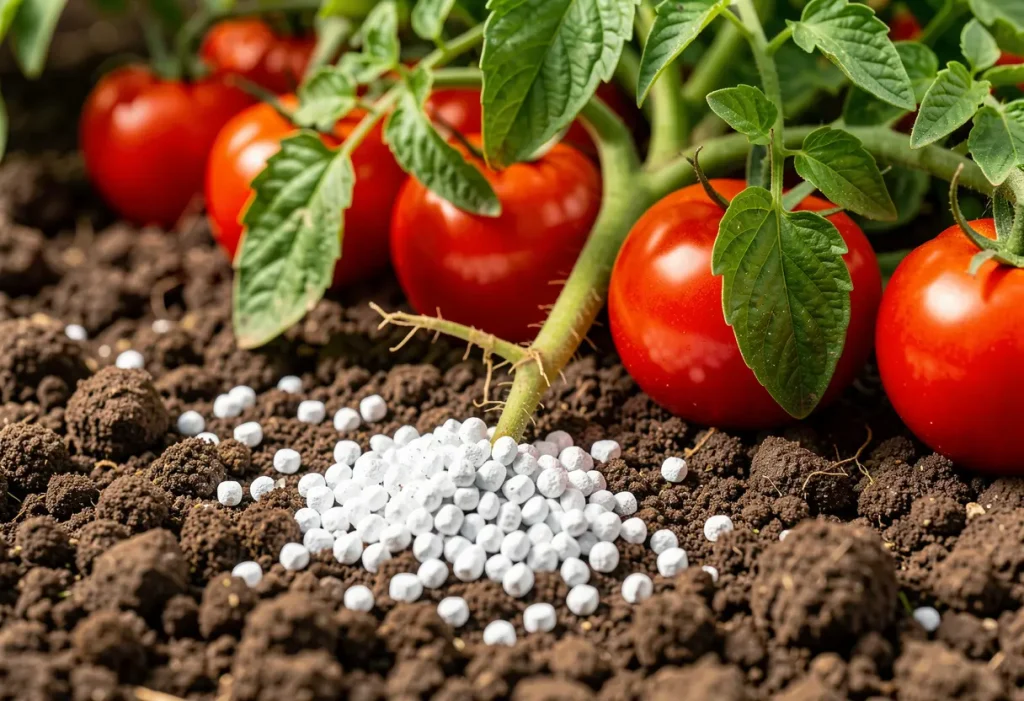 Garden setup showing Nitrogen Fertilizer for Tomato Plants used to boost vegetative growth before flowering.