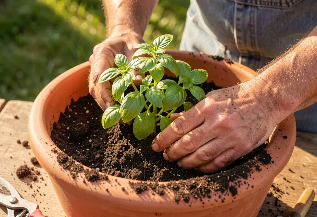 Gardener watering herbs after Planting Basil in Containers for strong root development.