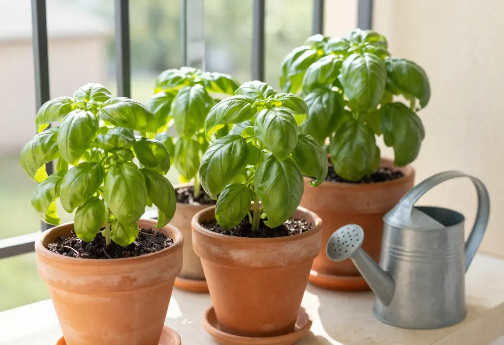 Planting Basil in Containers: Healthy basil plants growing in decorative pots on a balcony garden.