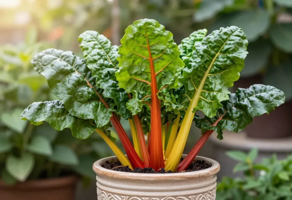 Planting Swiss Chard in Containers – gardener sowing Swiss chard seeds in a patio pot