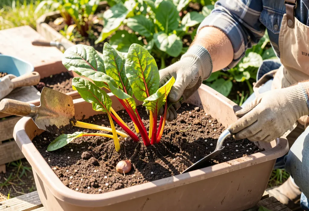 Planting Swiss Chard in Containers – healthy Swiss chard plants thriving in balcony containers
