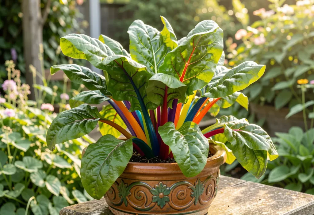 Planting Swiss Chard in Containers – colorful Swiss chard growing in container garden