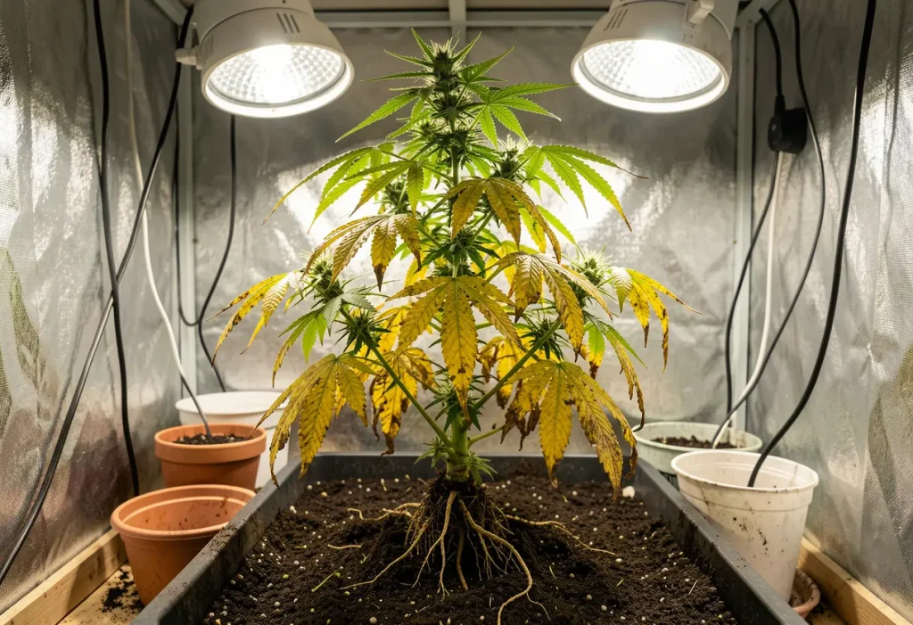 Root Rot in Cannabis: Close-up of brown, mushy roots indicating severe fungal infection.