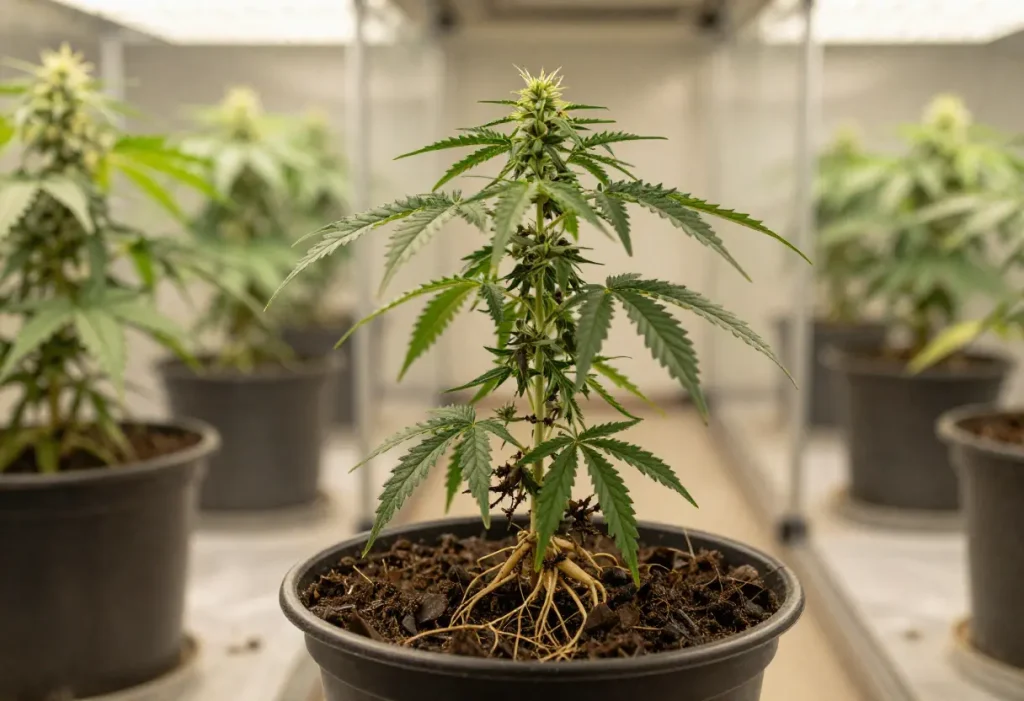 Root Rot in Cannabis: Diseased roots and unhealthy plant growth in waterlogged soil.