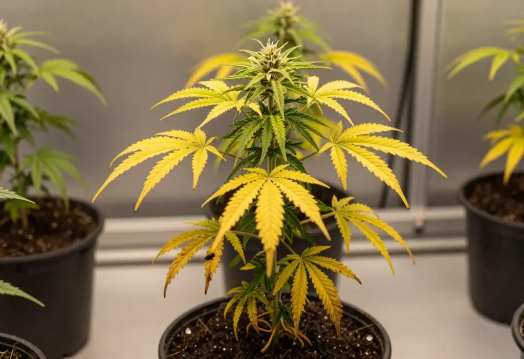 Root Rot in Cannabis: Drooping cannabis plant caused by overwatering and poor drainage.