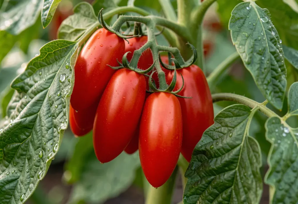 Close-up of San Marzano Tomato Plants showing vibrant green leaves and developing tomatoes.
