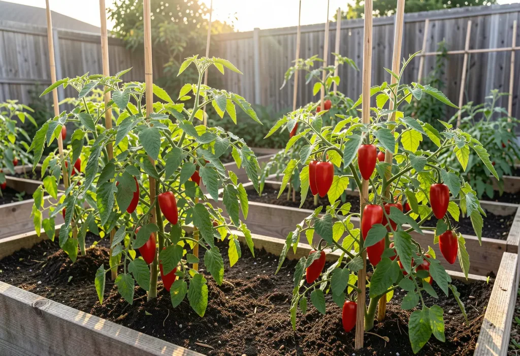 San Marzano Tomato Plants: Healthy San Marzano tomato plants with elongated red fruits in a garden bed.