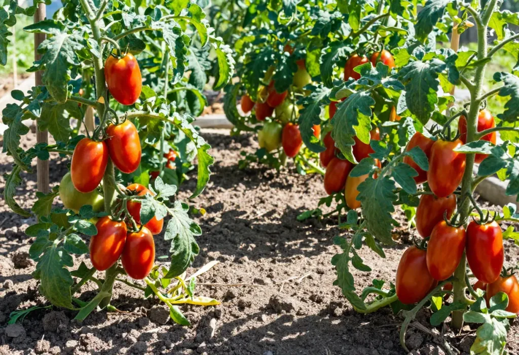 San Marzano Tomato Plants: Vine with fully ripened San Marzano tomatoes ready for harvest.