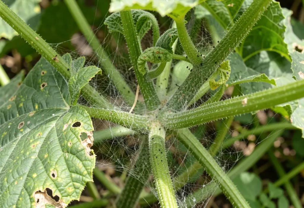 Spider Mites on Cucumber Plants causing yellow speckled leaves and fine webbing under foliage.