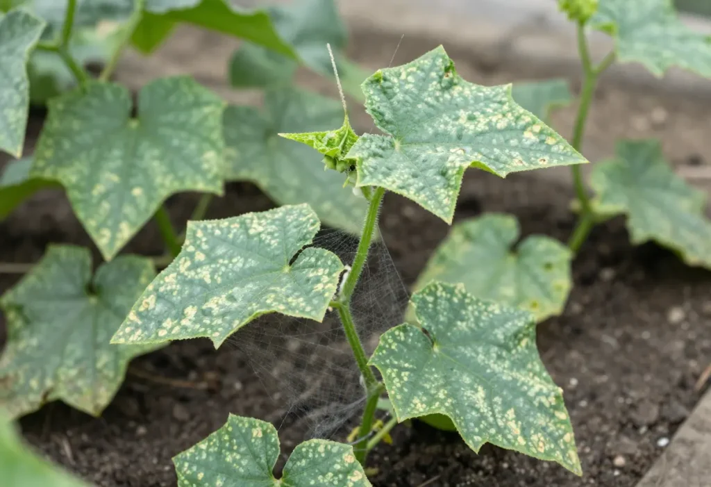 Spider Mites on Cucumber Plants damage with curling leaves and weakened growth in a garden bed.